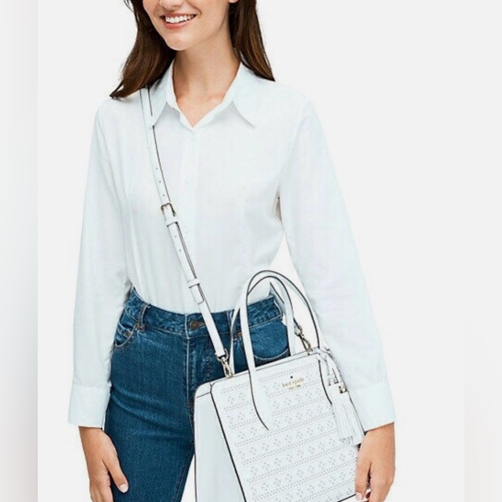KATE SPADE ♠️ New York 🤍Rowe🤍 WHITE PERFORATED TOP ZIP SATCHEL BAG 🌟EUC🌟 - Picture 3 of 17